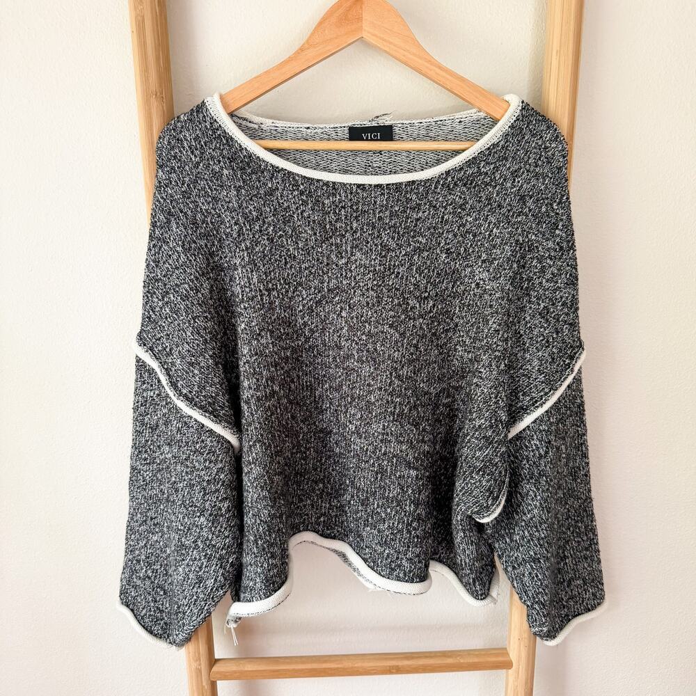 VICI Marled Knit Sweater Cutout Shoulder Raw Hem Oversized Size Medium - Picture 2 of 8